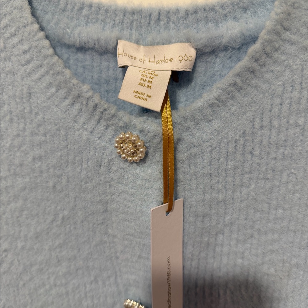 House of Harlow 1960 Blue Cropped Cardigan Short Sleeve Pearl Rhinestone Button - Picture 9 of 13